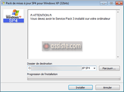 Lancer la décompression et l'installation de Windows XP SP4